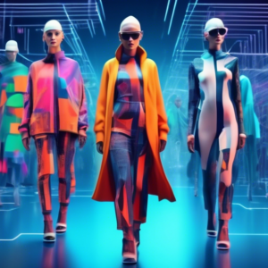 A futuristic fashion show with AI models wearing clothes generated by algorithms, surrounded by data visualizations and growth charts.