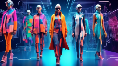 A futuristic fashion show with AI models wearing clothes generated by algorithms, surrounded by data visualizations and growth charts.