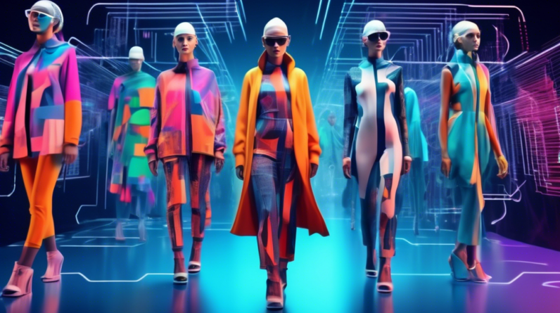 A futuristic fashion show with AI models wearing clothes generated by algorithms, surrounded by data visualizations and growth charts.