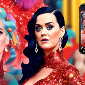 Katy Perry's mom staring in shock at her phone showing a hyperrealistic AI image of Katy Perry on the Met Gala red carpet next to a blurry real photo of the event.