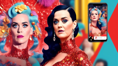 Katy Perry's mom staring in shock at her phone showing a hyperrealistic AI image of Katy Perry on the Met Gala red carpet next to a blurry real photo of the event.