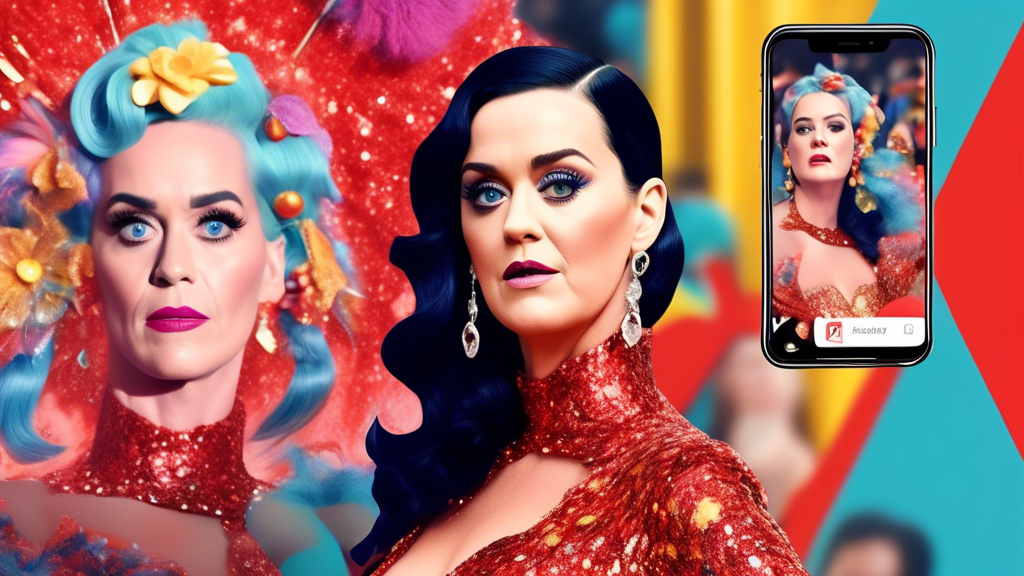 Katy Perry's mom staring in shock at her phone showing a hyperrealistic AI image of Katy Perry on the Met Gala red carpet next to a blurry real photo of the event.