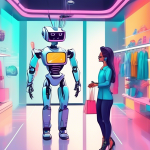 A robot stylist using augmented reality to design a custom outfit for a smiling shopper in a futuristic clothing store.