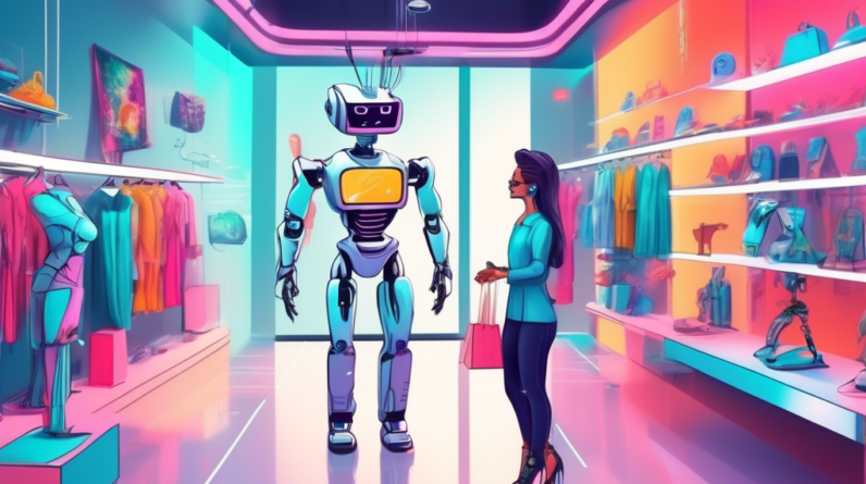 A robot stylist using augmented reality to design a custom outfit for a smiling shopper in a futuristic clothing store.