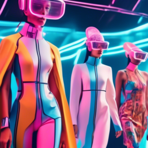 A futuristic fashion show where AI models walk the runway in clothing designed by algorithms, while robots style human attendees using virtual reality headsets.