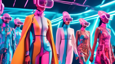 A futuristic fashion show where AI models walk the runway in clothing designed by algorithms, while robots style human attendees using virtual reality headsets.