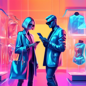 A stylish person using a futuristic phone with a holographic AI assistant helping them choose a Michael Kors outfit.