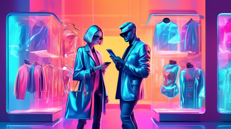 A stylish person using a futuristic phone with a holographic AI assistant helping them choose a Michael Kors outfit.