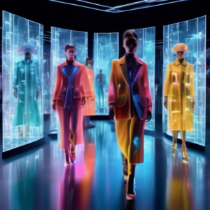 A futuristic fashion show with Chanel designs generated by artificial intelligence displayed on transparent screens, while silhouettes of potential creative directors are being evaluated by AI algorit