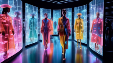 A futuristic fashion show with Chanel designs generated by artificial intelligence displayed on transparent screens, while silhouettes of potential creative directors are being evaluated by AI algorit