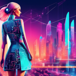 A fashionable woman using an AI interface to design a dress, with a futuristic city backdrop and the words SpreeAI incorporated.