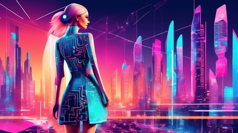 A fashionable woman using an AI interface to design a dress, with a futuristic city backdrop and the words SpreeAI incorporated.