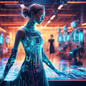 A robot and a fashion designer collaborating on a futuristic dress with glowing circuits, using a digital interface, against a backdrop of fast-moving clothing production lines and flashing NTX and SH