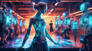 A robot and a fashion designer collaborating on a futuristic dress with glowing circuits, using a digital interface, against a backdrop of fast-moving clothing production lines and flashing NTX and SH