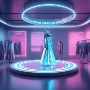 A futuristic fashion designer studio with a holographic dress being designed by a robot arm and the words Circular Fashion projected on the wall.