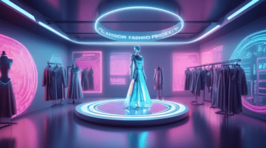 A futuristic fashion designer studio with a holographic dress being designed by a robot arm and the words Circular Fashion projected on the wall.