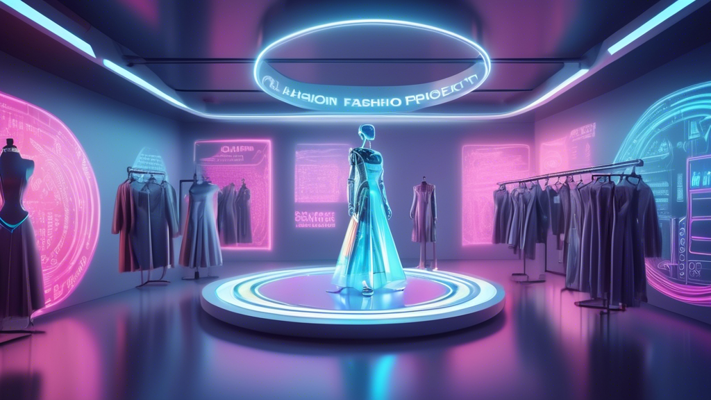 A futuristic fashion designer studio with a holographic dress being designed by a robot arm and the words Circular Fashion projected on the wall.