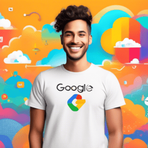 A smiling person wearing a custom-designed t-shirt, with a Google Cloud logo on the sleeve and Bewakoof incorporated into the design, against a backdrop of colorful t-shirt designs and data clouds.