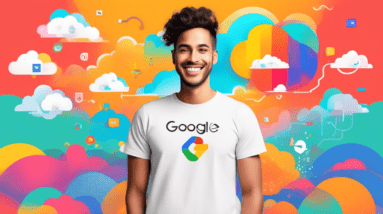 A smiling person wearing a custom-designed t-shirt, with a Google Cloud logo on the sleeve and Bewakoof incorporated into the design, against a backdrop of colorful t-shirt designs and data clouds.