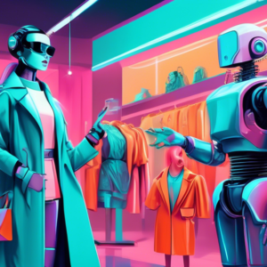 A robot stylist dressed in a futuristic chic outfit presenting a curated selection of clothing and accessories to a surprised human shopper.