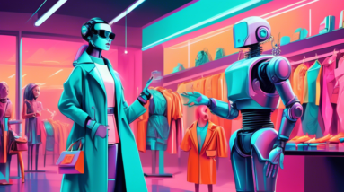 A robot stylist dressed in a futuristic chic outfit presenting a curated selection of clothing and accessories to a surprised human shopper.