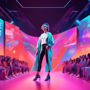 A woman with futuristic glasses stands on a stage addressing a large audience, digital renderings of clothing designs swirl around her, a banner behind her reads AI & The Future of Fashion Retail