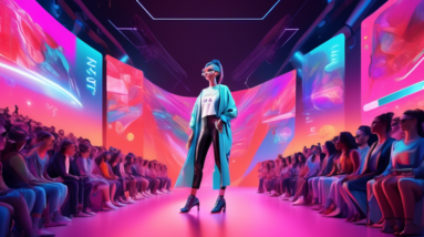 A woman with futuristic glasses stands on a stage addressing a large audience, digital renderings of clothing designs swirl around her, a banner behind her reads AI & The Future of Fashion Retail