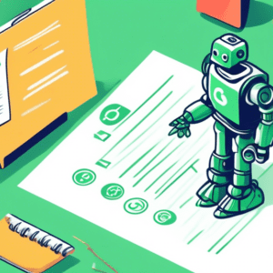 A robot hand signing a document titled AI Compliance Checklist with a green checkmark next to each item.