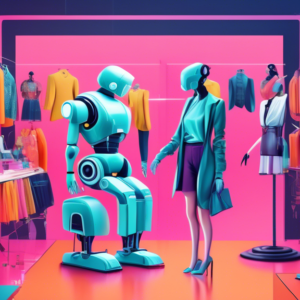 A robot stylist using AI to measure a customer for perfectly fitting clothes online, surrounded by screens showing fashion from different online retailers.