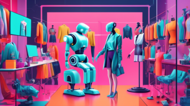 A robot stylist using AI to measure a customer for perfectly fitting clothes online, surrounded by screens showing fashion from different online retailers.