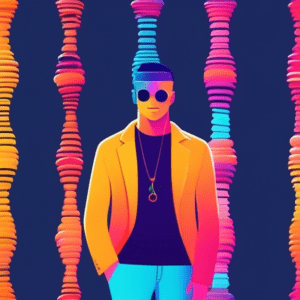 A friendly AI chatbot with a colorful DNA strand for a head suggests stylish outfit options to a person based on their color palette.