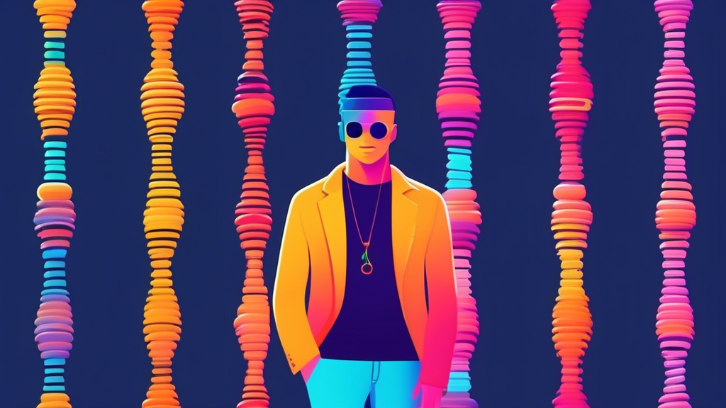 A friendly AI chatbot with a colorful DNA strand for a head suggests stylish outfit options to a person based on their color palette.