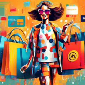 A stylish Michael Kors handbag with a friendly AI robot assistant emerging from a Mastercard logo, offering it to a happy shopper.