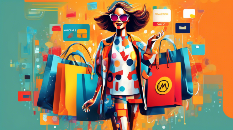 A stylish Michael Kors handbag with a friendly AI robot assistant emerging from a Mastercard logo, offering it to a happy shopper.