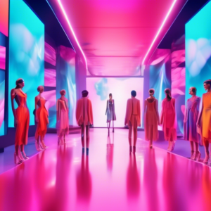 A futuristic fashion show on a digital runway with models styled by AI and a giant screen in the background showcasing beauty products.