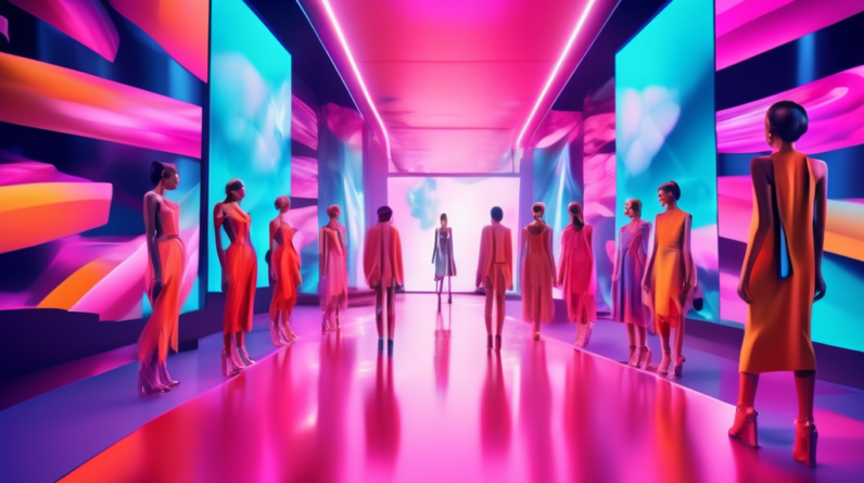 A futuristic fashion show on a digital runway with models styled by AI and a giant screen in the background showcasing beauty products.