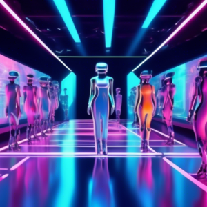 A futuristic fashion show runway with AI robots as models, wearing digital clothing on a glowing platform with a holographic backdrop.