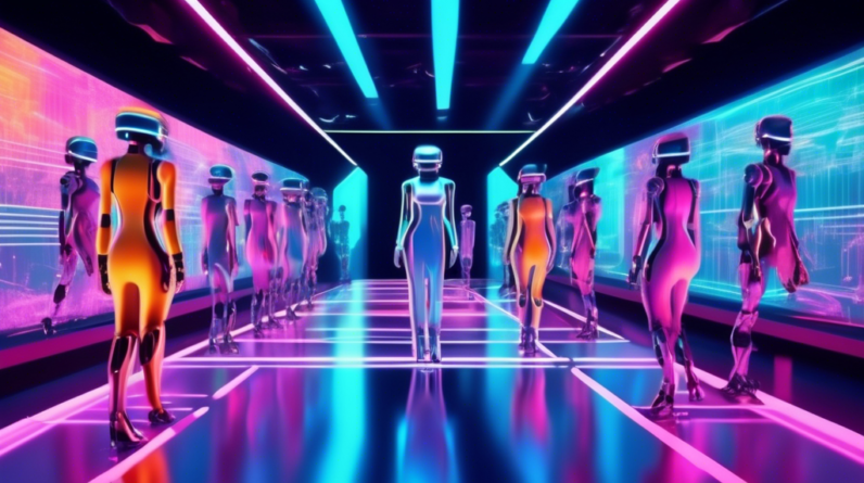 A futuristic fashion show runway with AI robots as models, wearing digital clothing on a glowing platform with a holographic backdrop.