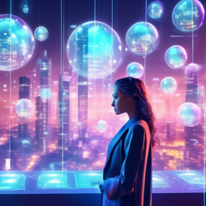 A futuristic fashion designer surrounded by glowing orbs of data, analyzing AI-generated trend predictions on a transparent digital screen with a cityscape backdrop and the year 2030 subtly displayed.