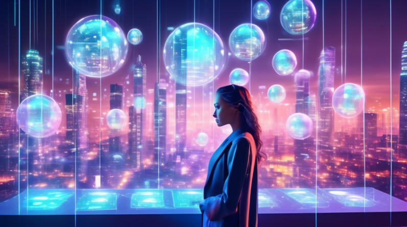 A futuristic fashion designer surrounded by glowing orbs of data, analyzing AI-generated trend predictions on a transparent digital screen with a cityscape backdrop and the year 2030 subtly displayed.