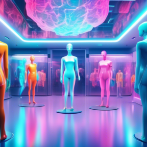 A futuristic shop floor with holographic mannequins personalized for individual shoppers gazing at them, controlled by a giant AI brain glowing in the ceiling.