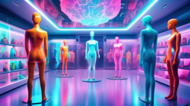 A futuristic shop floor with holographic mannequins personalized for individual shoppers gazing at them, controlled by a giant AI brain glowing in the ceiling.