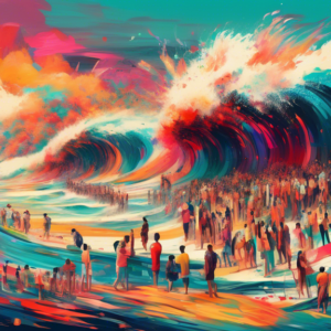 A surreal wave made of paintbrushes, palettes, and digital glitches, crashing down on a beach of human faces with bewildered expressions.