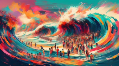 A surreal wave made of paintbrushes, palettes, and digital glitches, crashing down on a beach of human faces with bewildered expressions.