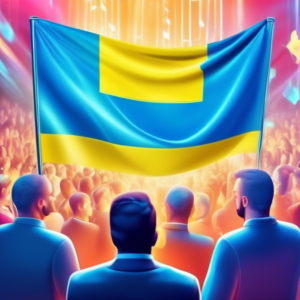 A Ukrainian flag waving proudly amidst a bustling tech conference with holographic projections of artificial intelligence and smiling entrepreneurs exchanging ideas.