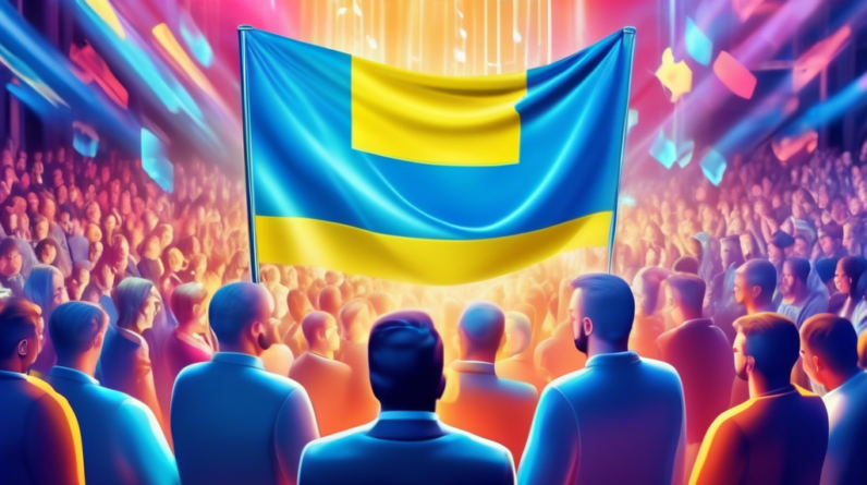 A Ukrainian flag waving proudly amidst a bustling tech conference with holographic projections of artificial intelligence and smiling entrepreneurs exchanging ideas.