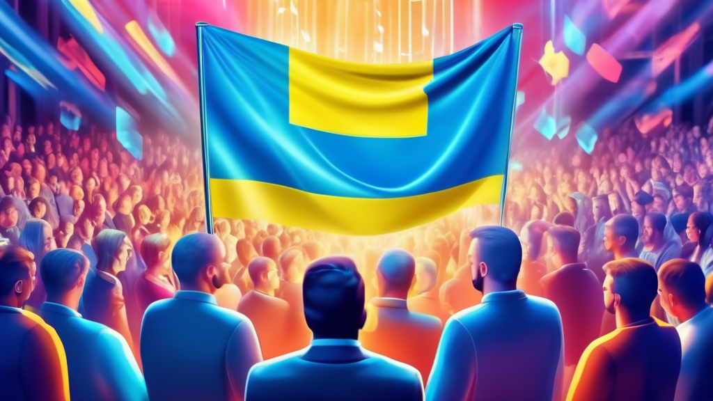 A Ukrainian flag waving proudly amidst a bustling tech conference with holographic projections of artificial intelligence and smiling entrepreneurs exchanging ideas.