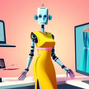 A robot stylist dressed in a tape measure holding up a perfect fitting dress from a computer screen.