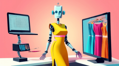 A robot stylist dressed in a tape measure holding up a perfect fitting dress from a computer screen.