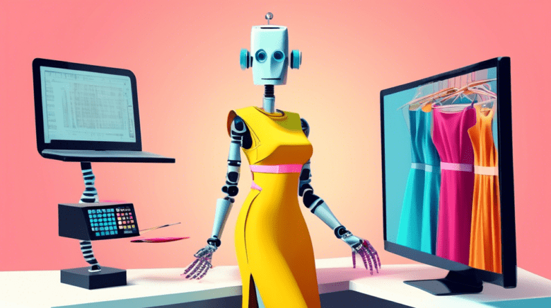 A robot stylist dressed in a tape measure holding up a perfect fitting dress from a computer screen.